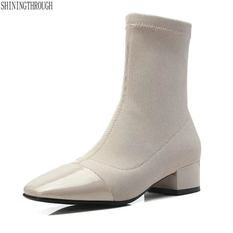2018 New Knitted Elastic Socks Boots Medium Heeled Short Boots Women square Toe Ankle Boots genuine leather women shoes