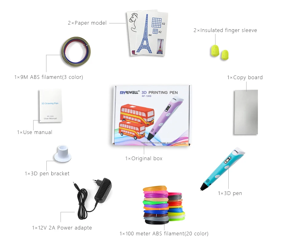 Caneta para Impressão Presente para Crianças Myriwell Caneta Tela Diy 100m Filamento Abs Brinquedo Criativo Desenho 3d Led 6 High Quality Computador e Escritório