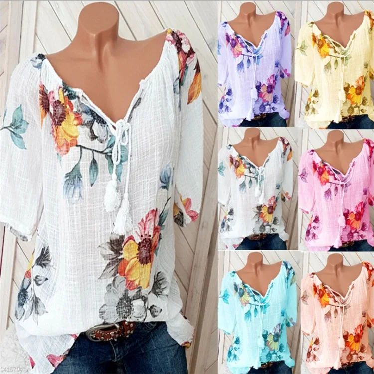 

Short-sleeved printed V-neck shirt women blouses fashion voile Tassel women