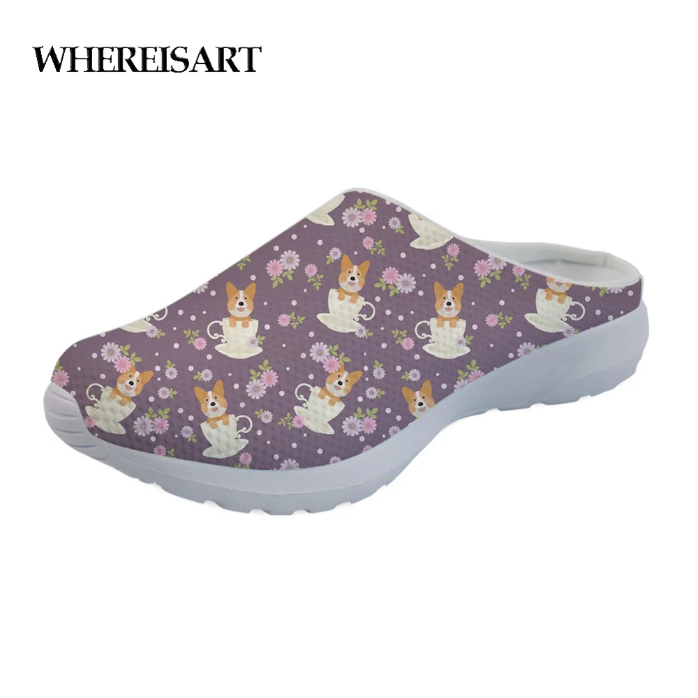 

WHEREISART Cute Animal Corgi Cup Of Tea Pattern Fashion Girls Casual Home Slippers for 2019 Comfort Mesh Light Ladies Sandals