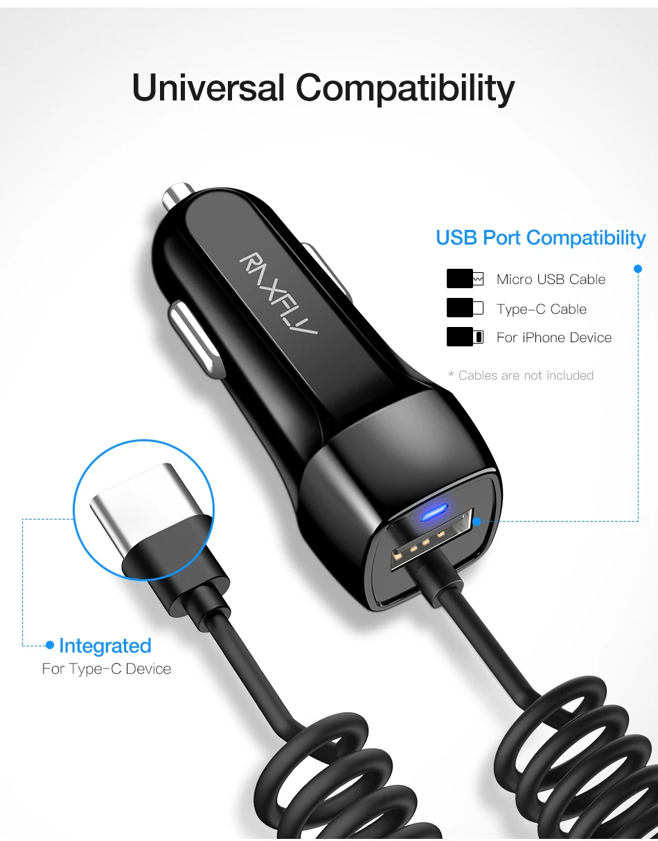 RAXFLY автомобильное зарядное устройство USB кабель для iPhone с кабелем Micor-USB Автомобильное зарядное устройство type C Micro USB Lighting весеннее зарядное устройство для телефона провод для автомобильной зарядки