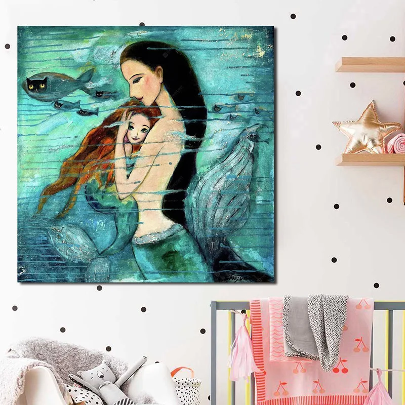 

Mermaid Cartoon Wall Art Canvas Poster And Print Canvas Painting Oil Decorative Picture For Nursery Bedroom Home Decor Framework