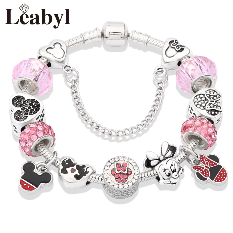 Disney New Design Lovely Pink Crystal Bead Charm Bracelets Colorful Enamel Handmade Diy Charm Bracelet for Women