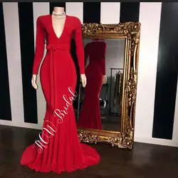 Элегантное красное вечернее платье с длинным рукавом, v-образный вырез, Русалка, 2019, вечерние платья с коротким шлейфом, женские свадебные
