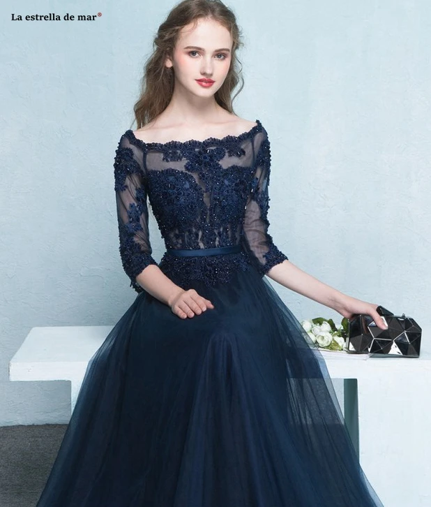 Гостей свадьбы dress2019 Новый из кружева, с вырезом на шее Половина рукава чешские темно-голубое платье для подружки невесты длинные robe demoiselle