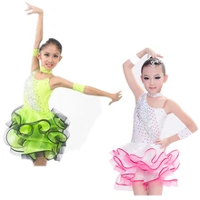 Белый/блестящий зеленый сценическое ребенок/конкурс Костюмы для латиноамериканских танцев костюм, обувь для девочек Румба/Chacha/Костюмы для бальных танцев/Джаз Профессиональный платье для танцев