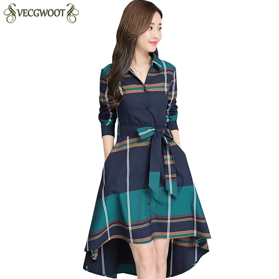

2019 Spring Autumn New Plaid Dress Women Fashion Irregular Large size Dress Women Long sleeve Dress Female Vestidos LJ196