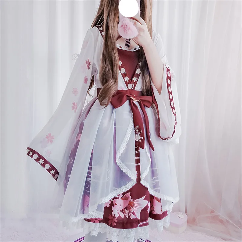 

Sweet Lolita Dresses 2019 New Japanese Embroidery Cosplay Dress Bowtie Tasseles Sash Fake Two-piece Op Dress Girls Dress