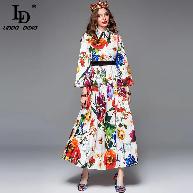 Женское модельное макси-платье LD LINDA DELLA, многоцветное длинное платье для праздника с длинным рукавом и цветочным принтом, лето - Цвет: Многоцветный