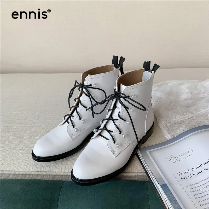 ENNIS/ г.; осенние кожаные ботинки для женщин; Ботинки martin; женские ботинки на плоской подошве со шнуровкой черного и белого цвета; обувь из натуральной кожи на молнии; A915