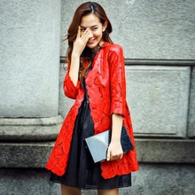 Пальто из натуральной овчинной кожи Женский Тренч средней длины из овечьей кожи с круглым вырезом винтажный дизайн Новинка Феникс