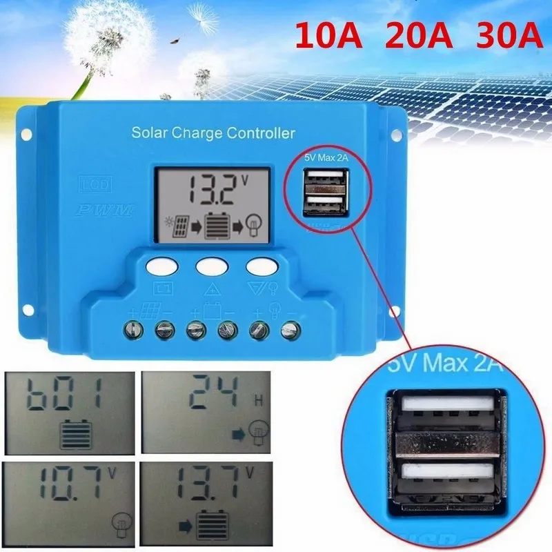 

10A 20A Solar Panel Charge Controller LCD Dual USB Output for 12V 24V Solar Panels