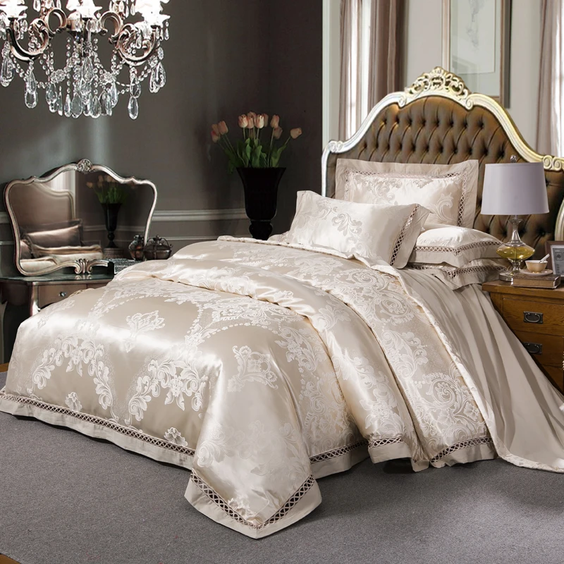 

Luxury Bedding set Queen King size jacquard Bedlinen (Duvet cover +Pillowcase+flat Bedsheet) beige color