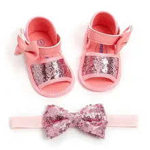 Обувь для новорожденных; модная расшитая блестками лента для волос с бантом+ сандалии для девочек; сандалии для маленьких девочек; Летние сандалии принцессы с ремешком для волос для девочек