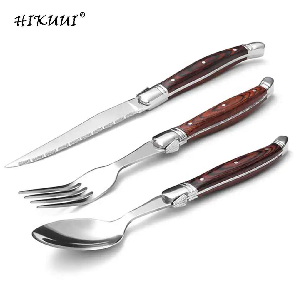 

2pcs / set Steak Knives Forks Spoons Wooden Handle Laguiole Style Flatware Sets Stainless Steel Cutlery Wood Dinner Sets