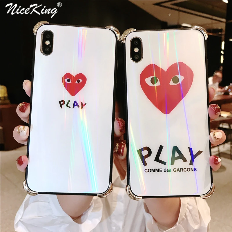 

For iPhone X Xs Max Xr 6 6s 7 8 Plus Case Niceking Laser Luxury CDG Comme Des Garcons Play Shockproof Heart Tempered Glass Cover
