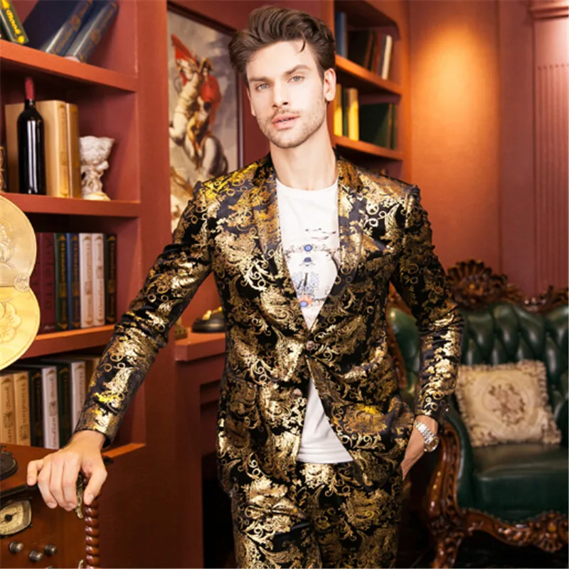 Gold Blazer Men Floral Casual Slim Blazers 2016 New Arrival Fashion