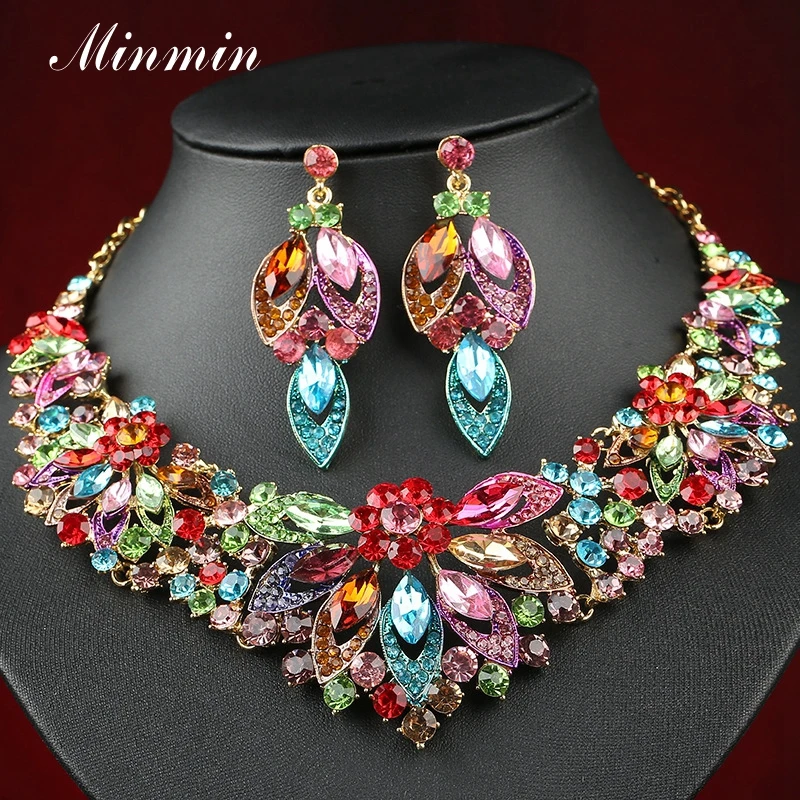 

Minmin Brand Design Vintage Princess Luxury Rhinestone Jewelry Sets for Women Flower Necklace Earrings Set Wedding Jewelry TL597