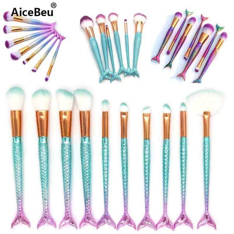 

AiceBeu 4/7/10 Pcs Make Up Foundation Eyebrow Eyeliner Blush Brush Mermaid Fish Makeup Brush Cosmetic Concealer Tool