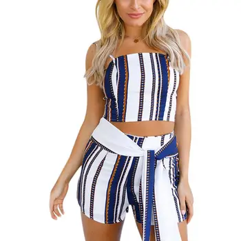 

New 2018 Summer Style Sexy Ladies Color Stripe Backless Vest Printed 2 Piece Suit Women Sleeveless Strapless Coordinates W1
