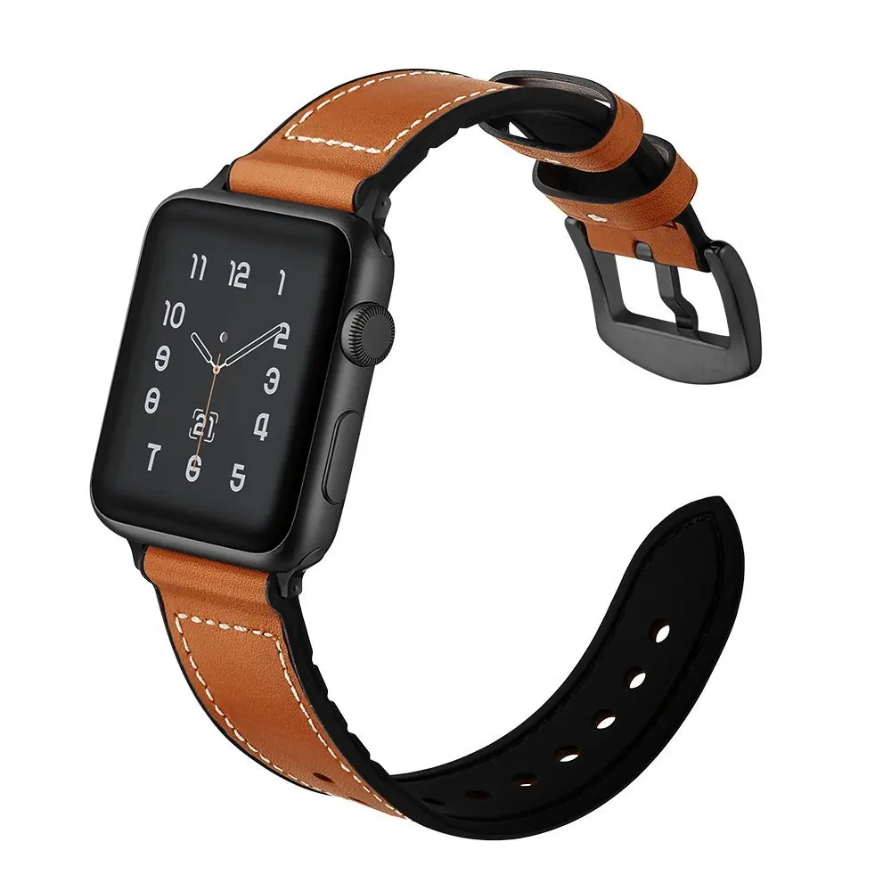 

for Apple Women Men Silicone and Leather Replacement Sports Wristbands with Secure Metal Clasp Buckle for iWatch Series 3 2 1