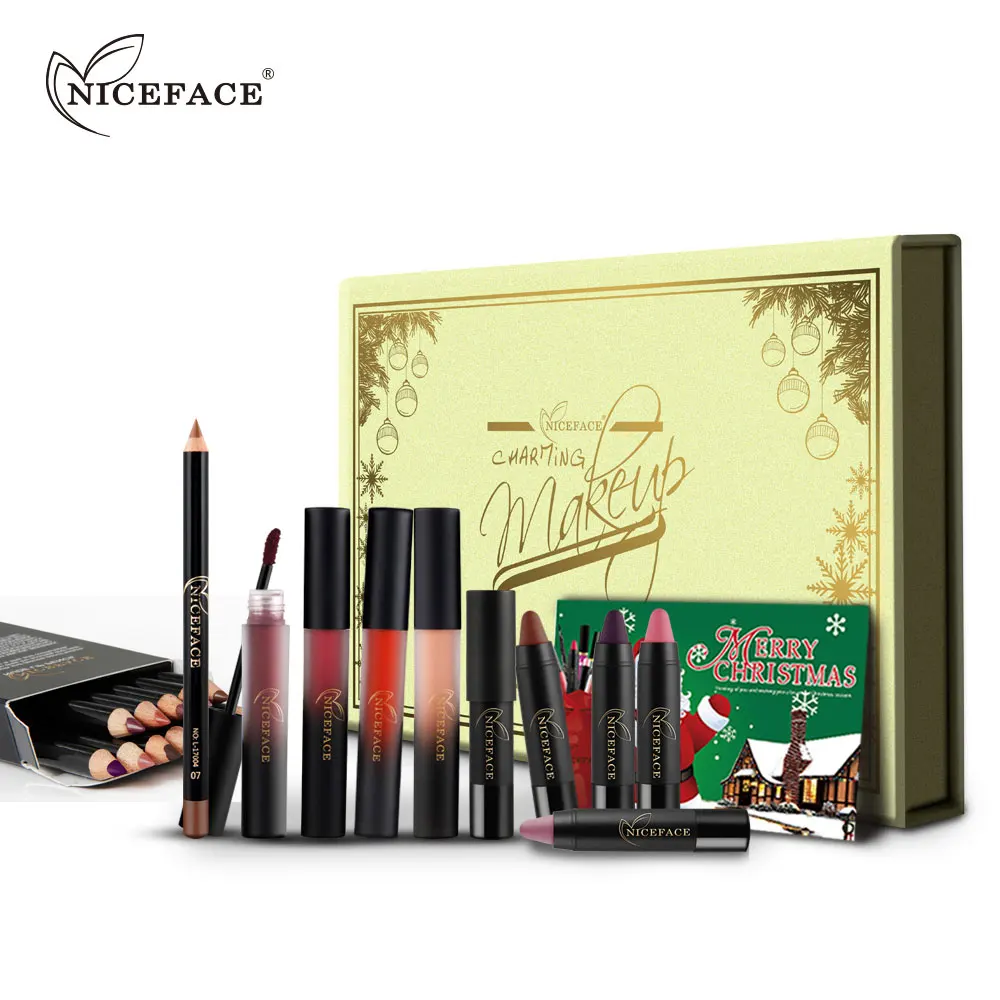 

NICEFACE 22pcs Lips Makeup Set Christmas Gift, Mate Batom Liquid Lipstick+ Matte Lip Pencil Stick+ Nude Lip Liner+ Lip Brush M09