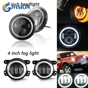 

7 inch LED headlights for Jeep Wrangler JK TJ LJ White DRL/Amber turn signal + 4'' led fog lights with Halo angel eyes