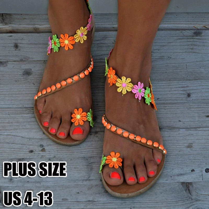 

New Fashion Plus Size Female Bohemian Style Sandals Flat Sandals Flowers Sandals Flip Flops Women Sandals
