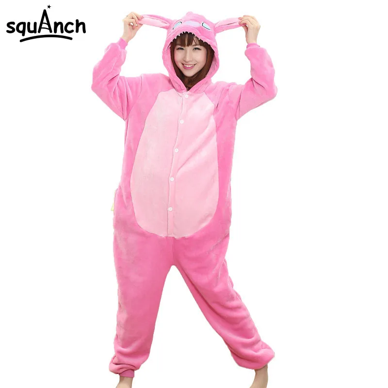 

Women Onesie Pink Cartoon Stitch Pajama Adult Party Jumpsuit Winter Loose Warm Sleepwear Family Pyjamas Couple Outfit Long Suit