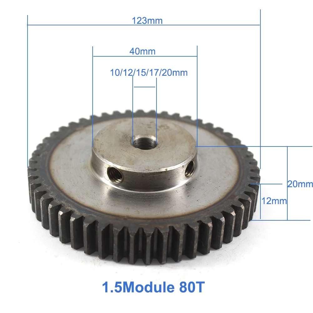 

45Steel Rc Pinion Gears Gear Wheel Metal 1.5Module 80T 10/12/15/17/20mm Bore 1.5 Mould 80Tooth Spur Gear Pulley Pinion