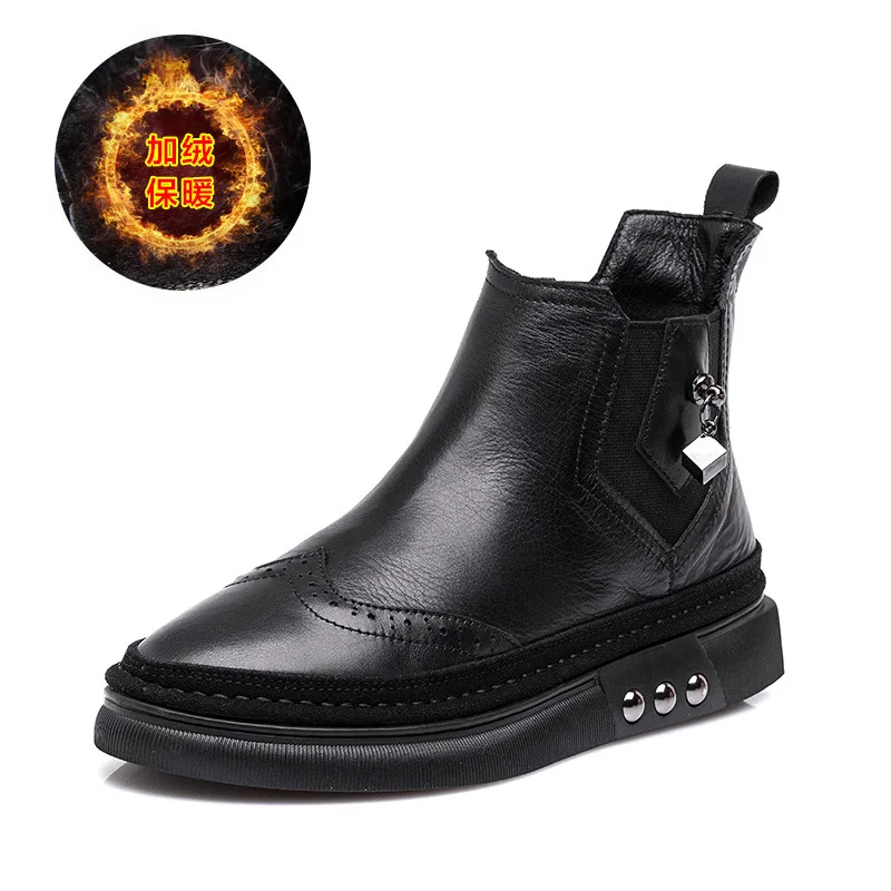 SWYIVY Genuine Leather Chelsea Boots Rivet 2018 Winter Warm Fur Snow Boots Woman Flat Lady Casual Shoes Snowboots Ankle Boots 40