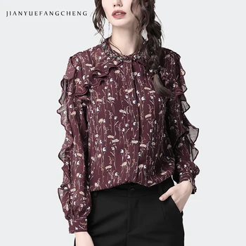 

2019 Spring Summer Women Ruffles Long Sleeve Shirt Diamonds Collar Fasion Little Flowers Printed Chiffon Female Tops And Blouses