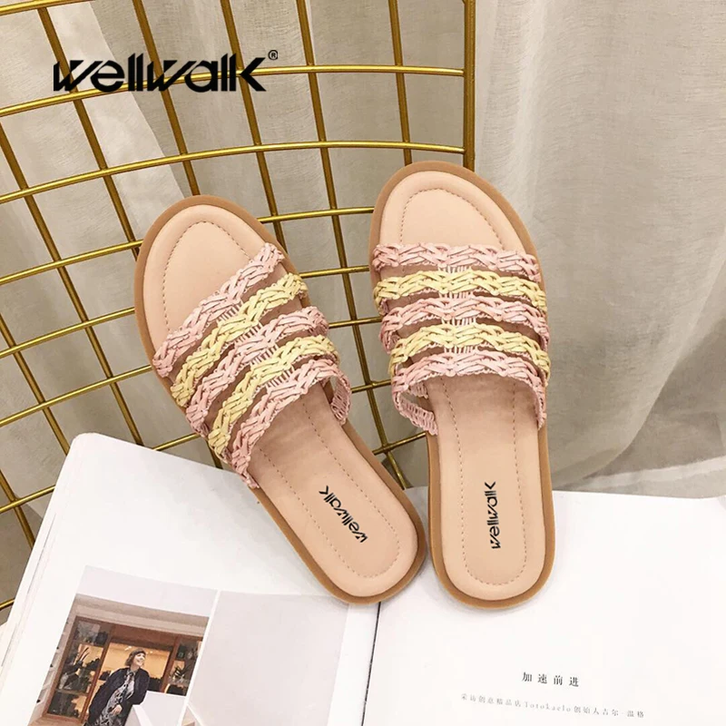 

Slippers Style Ladies Shoes Summer Slides Fashion Cane Woven Slippers Indoor Shoes Women Flat Mules Slides Beach
