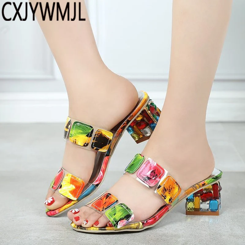 

Female High Heel Slippers Summer PU Thick Heel Flip Flops Rhinestone Heel Flip Flops Women Multicolor Slipper Work Office Shoes