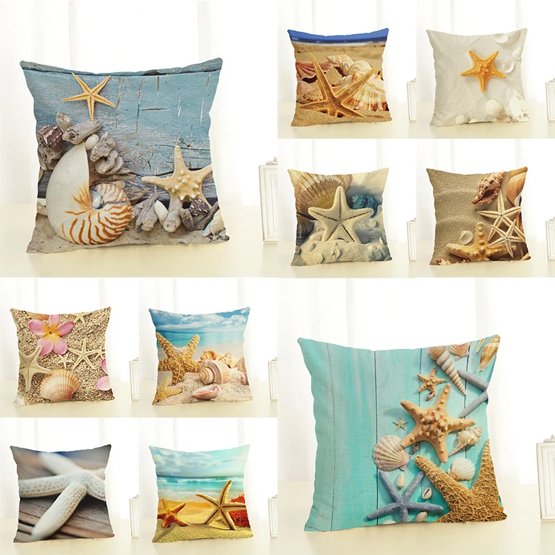 Yellow Starfish Cushion Cover Linen Printed Cushions Home Decor Throw Pillow Case 45*45 Blue Sea Shell Decorative Pillows Room Yellow Starfish Cushion Cover Linen Printed Cushions Home Decor Throw Pillow Case 45*45 Blue Sea Shell Decorative Pillows Room