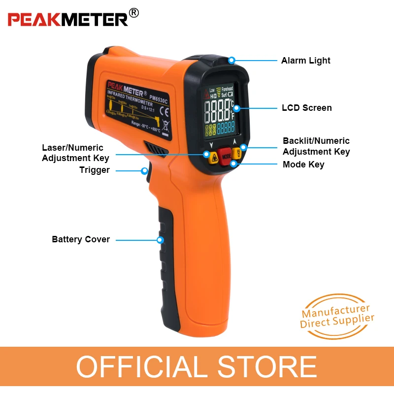 Kopen PEAKMETER PM6530C LCD Handheld Laser Digitale IR Infrarood Thermometer Temperatuur 50 ~ 800 met type K Ambient UV Licht