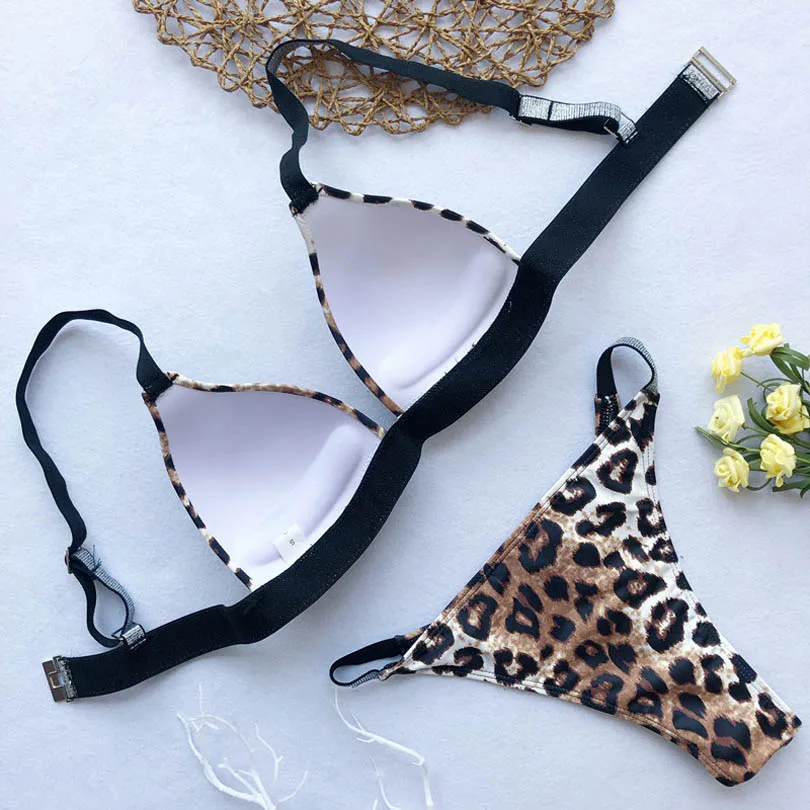 2020 New Sexy Patchwork Bandage Beach Bikini Women Glitter Sparkling Bra Cup High Cut Leopard Bather Mujer Padded Swimsuit