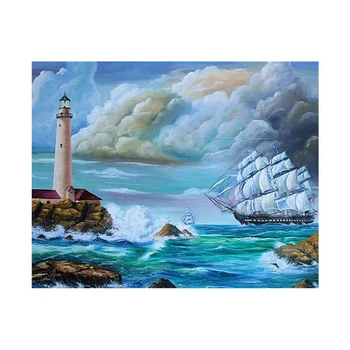 

Diamond Embroidery 5D Diy Diamond Painting Scenic Sailing Boat Lighthouse By Sea Mosaic Pictures Rhinestone Painting