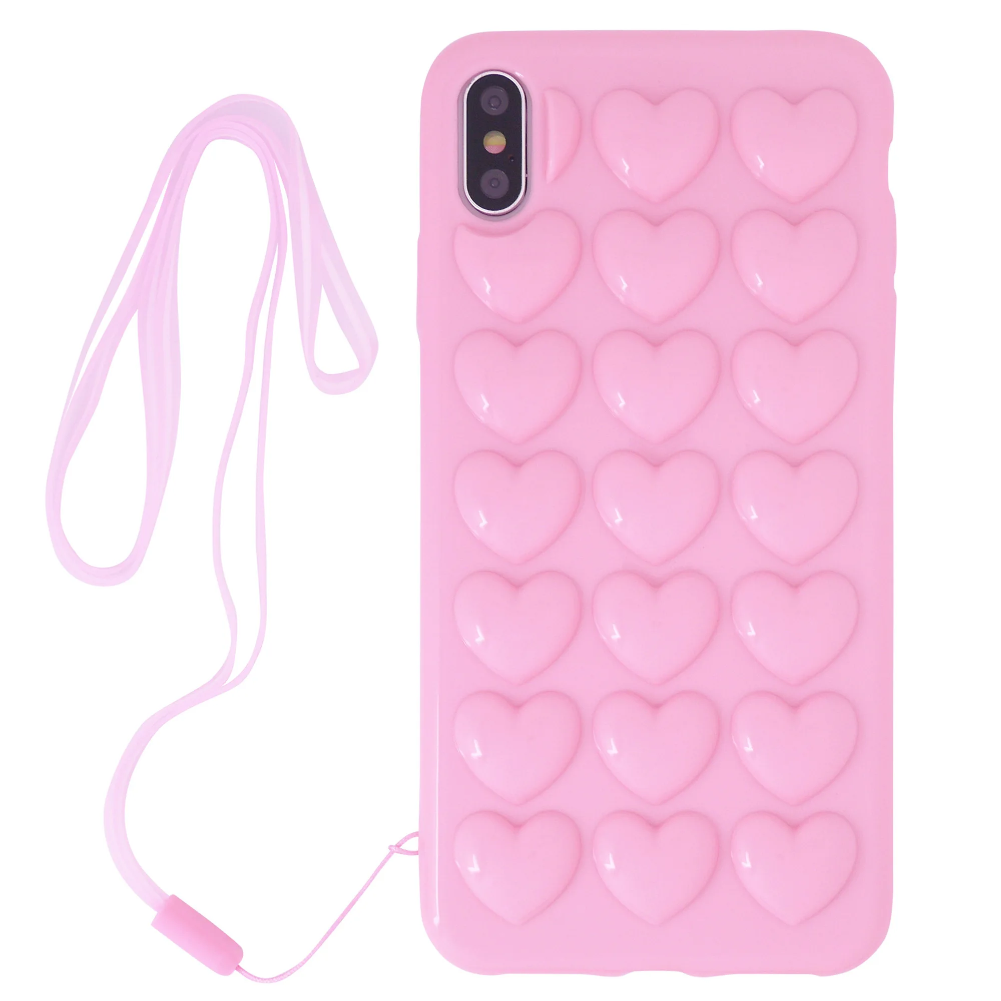 

For iPhone Xs Max Case Xr X 8 Plus 7 Plus 6 6s Plus Case with Chain Strap 3D Bubble Heart Soft Cover Neck Rope Women Cute Girly