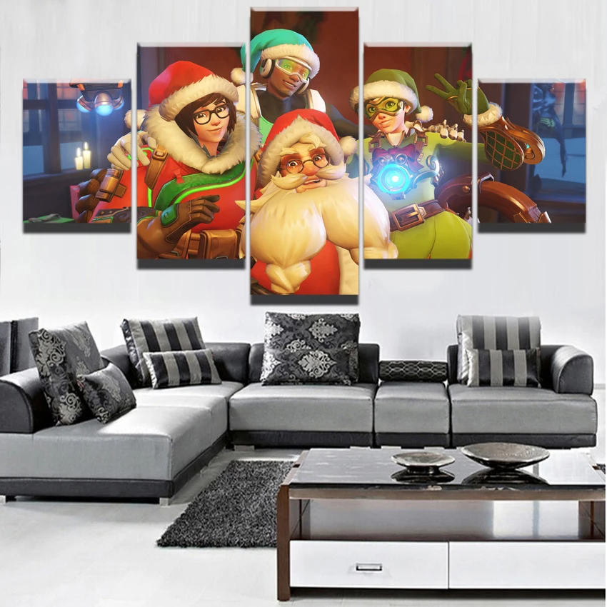 

Home Decor Print Canvas Painting Framework 5 Panel Christmas Overwatch Character Painting Wall Art Picture For Living Room Decor
