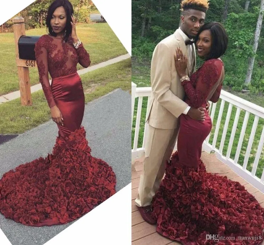 

2018 Burgundy Sexy Backless Mermaid Evening Dresses with Long Sleeves Sheer Crew Neck Appliques Sequins Beaded Rose Skirt Prom