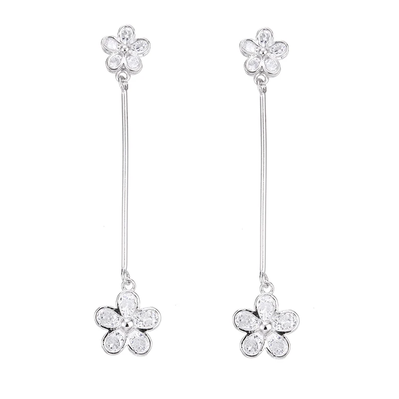 

100% 925 sterling silver fashion little flower shiny crystal ladies`long stud earrings women gift female jewelry drop shipping