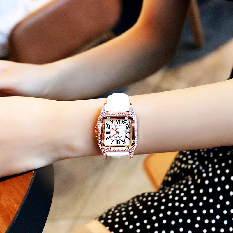 

Newest Top Luxury Full Diamond Square Roman numeral Bracelet Watch Women Fashion Leather Strap Rhinestone Quartz watch Clock