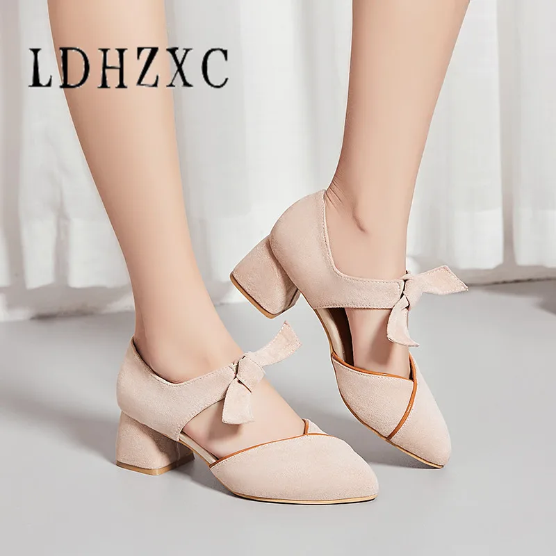

LDHZXC Women Pumps Square Heels Flock Butterfly-Knot Square Toe Slip on Shallow Single Shoes Sweet Style Spring Size 34-43