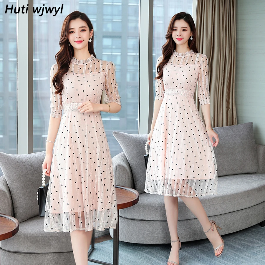 

2019 Femal Vintage Elegant Pink Dot Chiffon Midi Dresses Summer Plus Size Mesh Sexy Beach Sundress Women Bodycon Party Vestidos