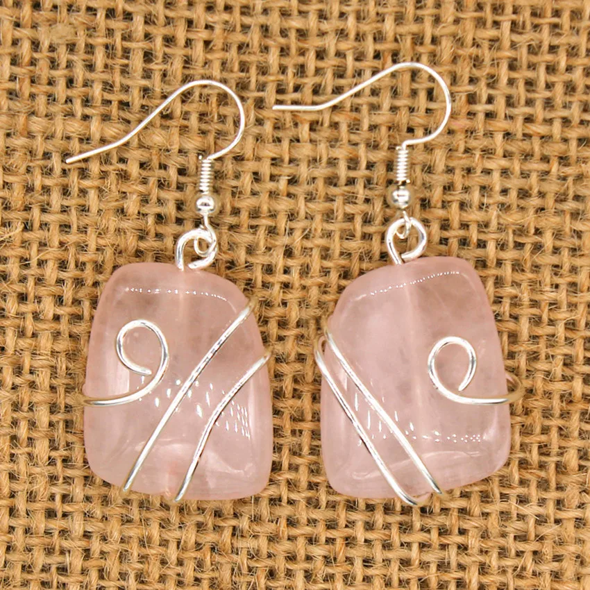 

Kraft-beads Silver Plated Wire Wrap Irregular Shape Natural Rose Pink Quartz Earrings For Mother Day Gift