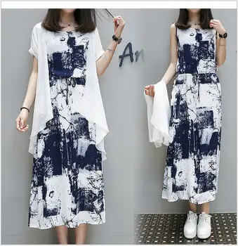 

2017 Two-Piece Cotton Linen Dress Female Spring And Summer New Ethnic Style Ink Beach Dress And Coat Woman Suit Definir HJ98