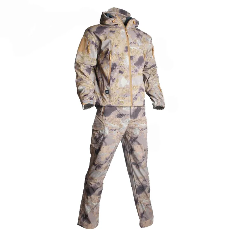 Jacket + Calças Camuflagem ao ar Roupas de Caça Acampamento à Prova Ternos com Capuz Softshell Tático Define Livre Militar Caminhadas Vento Tad Men 27 Softshell tático tad define men jacket +