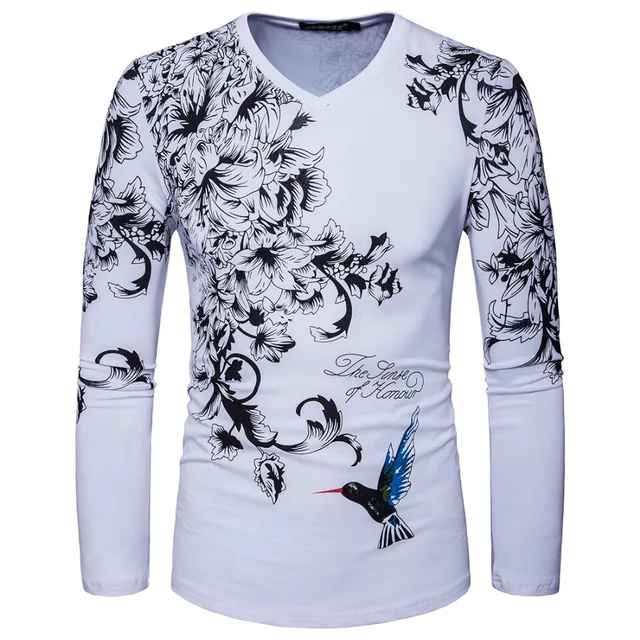 New Arrived Men Long Sleeve V Neck Print Flower Designer Casual T Shirt