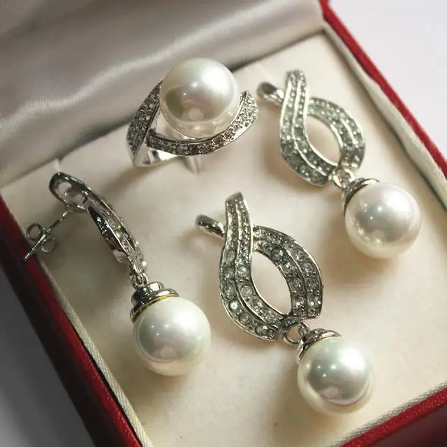 

free shipping>>> Hot! noble new jewelry silver plated + 12mm white pearl pendant, earring, , ring set